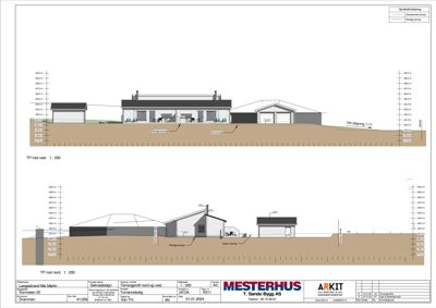 Snittegning som viser tverrsnittet av bygningene sett fra vest og nord, med høydeangivelser og terrengforhold.