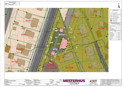 Situasjonsplan som viser bygningens plassering på tomten i forhold til nabolaget, veggrenser og areal.