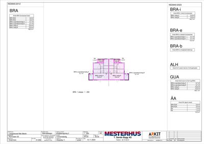 Etasjeplan (1. etasje) med romfordeling, arealoppsett og tekniske data for bygget.