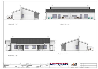 Bildet viser fire fasadetegninger av en bolig, vist fra fire ulike sider (sør, vest, øst, nord).