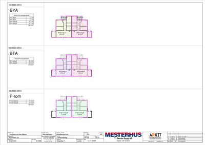 Bildet viser etasjeplaner (etasjeplan) for tre ulike boligenheter (BYA, BTA, P-rom) med romfordeling og arealoppsett.