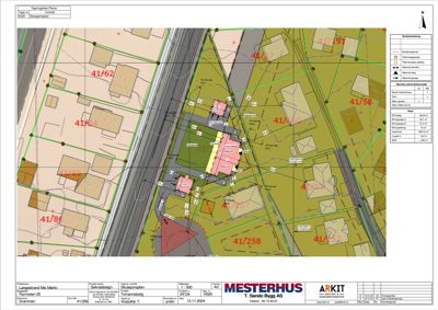 Situasjonsplan som viser tomtens grenser, naboeiendommer, veier og planlagt bebyggelse.