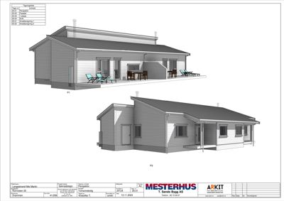 3D-visualisering av en bolig med to perspektiv (P1 og P2) som viser fasade og utvendig utforming.