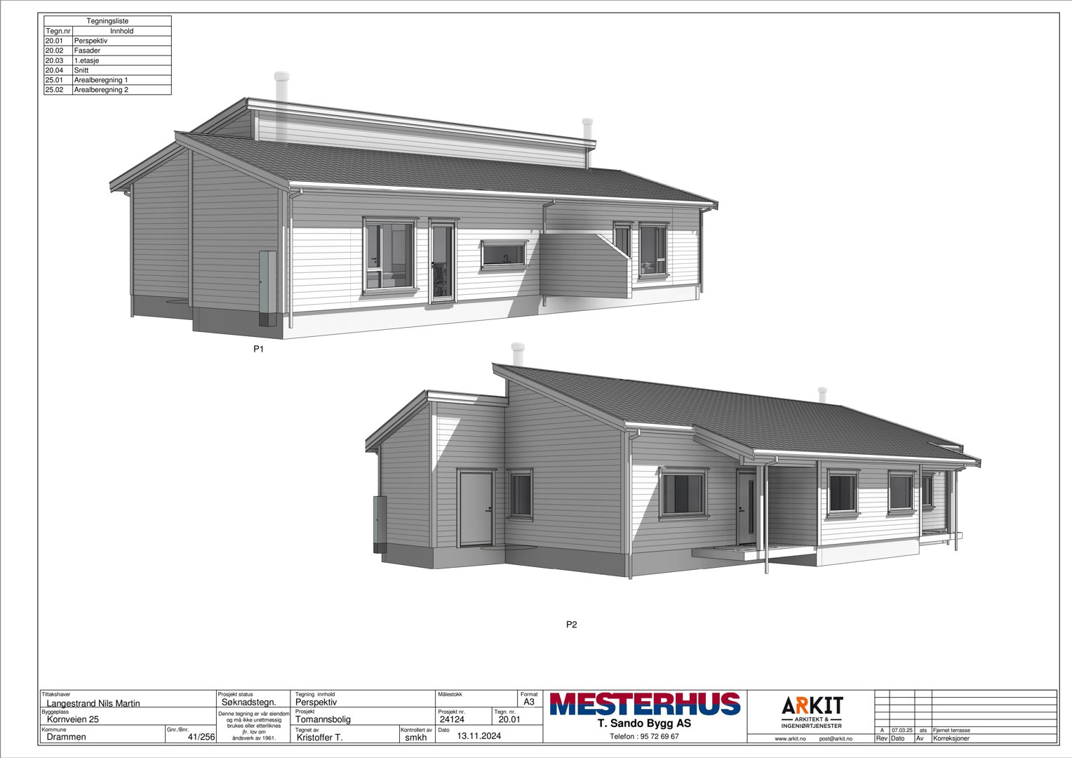 3D-visualisering av et hus sett fra to ulike vinkler (P1 og P2).