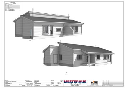 3D-visualisering av et hus sett fra to ulike vinkler (P1 og P2).