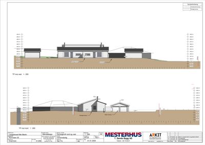 Snittegning som viser tverrsnittet av bygningene sett fra nord og vest med høydeangivelser.