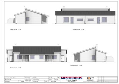 Bildet viser fire fasadetegninger av en bolig (mot sør, vest, øst og nord) med målestokk 1:100.