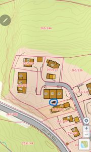 Situasjonsplan som viser tomtegrenser, bygningssilhuetter, vegnett og høydeforhold (konturlinjer) for et område.