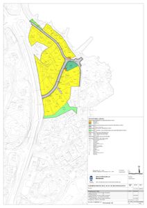Situasjonsplan med arealbruksinndeling (gule og grønne soner) og vegnett for et reguleringsområde.