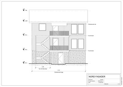 Nordfasader tegning som viser oppriss av bygningens fasade med høydemål, vinduer, terrasser og eksisterende/nye deler.