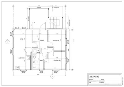 Etasjeplan for 2. etasje som viser romfordeling (stue, kjøkken, bad, soverom, gang), dører, vinduer og dimensjoner.
