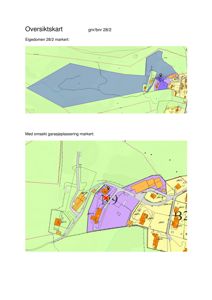 Oversiktskart over eiendommen gnr/bnr 28/2 med markerte arealer for eiendomsgrenser og en foreslått garasje.