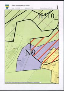 Kommuneplan (situasjonsplan) for Åsen kommune som viser arealplanlegging (H510, N9) og eiendomsnummer.