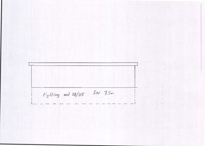 En håndskrevet tegning som viser en fyllingskonstruksjon med angivelse av dato (28/115) og høyde (7,5 m).