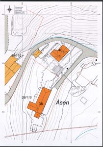 Situasjonsplan som viser tomtens beliggenhet, høydekurver, vei og nabotomter.