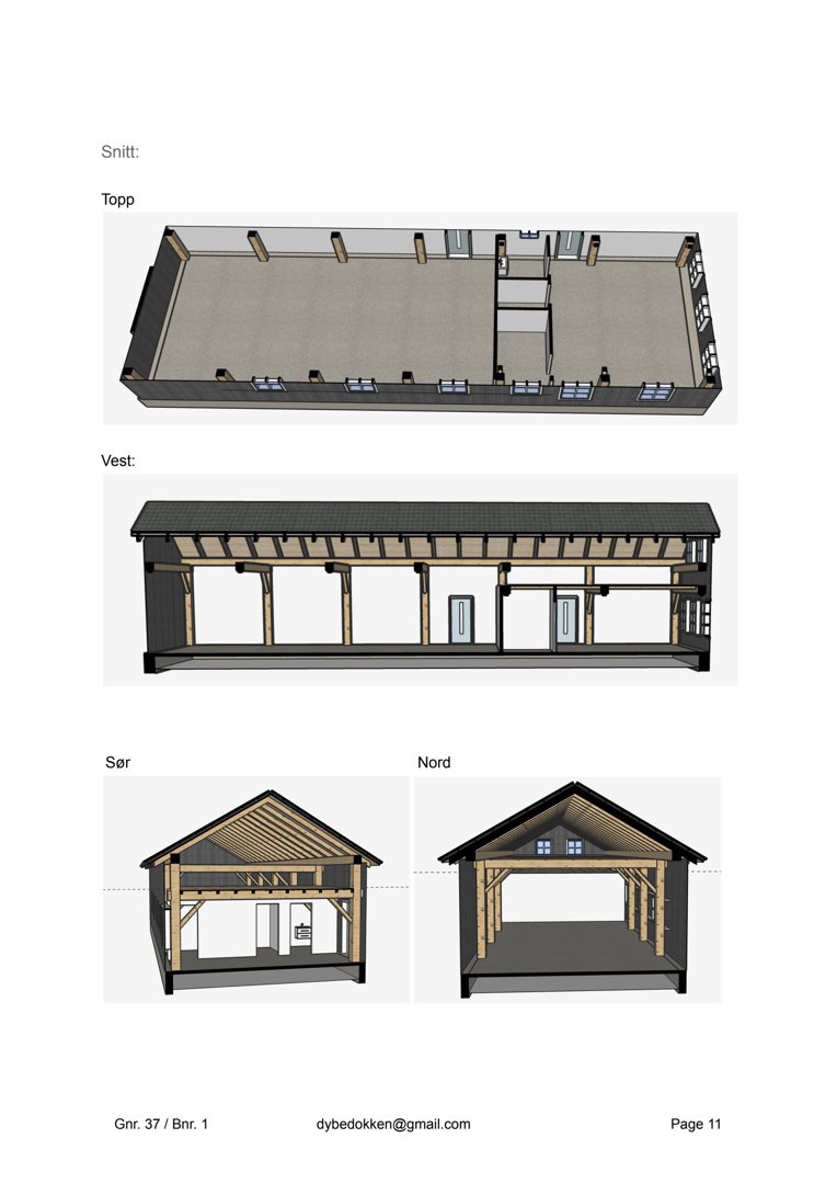 Bildet viser en 3D-visualisering (rendering) av et bygningssnitt. Det er vist utsnitt fra topp, vest, sør og nord, som illustrerer både romfordeling og fasadeoppsett.