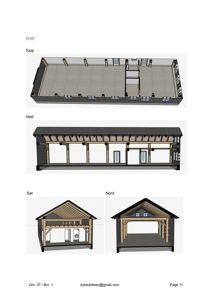 Bildet viser en 3D-visualisering (rendering) av et bygningssnitt. Det er vist utsnitt fra topp, vest, sør og nord, som illustrerer både romfordeling og fasadeoppsett.