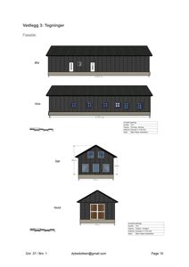 Fasadetegning som viser bygningens utseende fra fire sider (Øst, Vest, Sør, Nord) med mål og vindusoppsett.