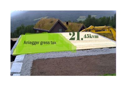 Fotografi av en byggeplass hvor et gress tak (green roof) legges ut, med tekstoverlegg som angir arbeidstittel og areal.