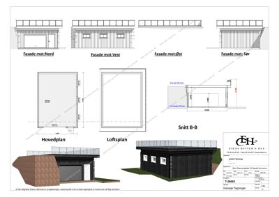 Bildet viser en tegning med fasadeopprikk for fire sider (Nord, Vest, Øst, Sør) samt hovedplan, loftsplan og snitt B-B av en garasje.