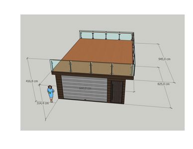 3D-visualisering av en liten bygning (garasje med terrasse) med mål og en figur for skala.