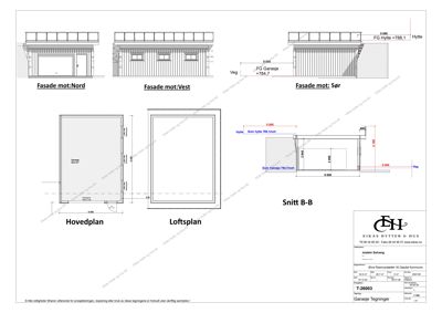 Bildet viser en tegning med fasadeopprikk (Nord, Vest, Sør) og et snitt (B-B) for en garasje/hytte.