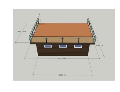 3D-visualisering av en bygning med etasjer, balkong og dimensjoner.