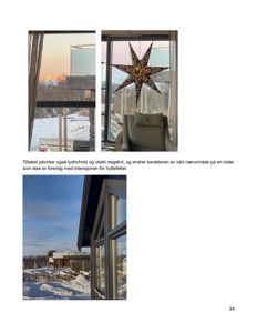 Fotografier av en bygning (hus) sett fra utsiden, med snø på bakken og en tekstbeskrivelse om hvordan tiltaket påvirker lysforhold og utsikt.