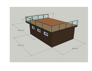 3D-visualisering av en bygning (sannsynligvis et hus eller hytte) med mål oppgitt i centimeter.