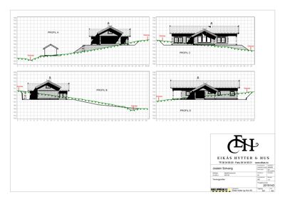 Snittegning (profiltegninger) som viser bygningens høydeprofil i forhold til terrenget på ulike punkter (A, B, C og D).