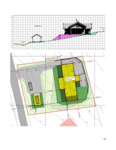 Situasjonsplan som viser bygningens plassering på tomten i forhold til terrenget (profil A), veier og naboeiendommer.