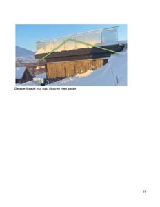 Fotografi av en garasje med saltak, sett fra nabolaget.