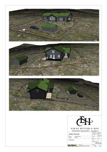 Tre perspektivtegninger (renderinger) av en hytte og en uthus på tomt med terrengformet.