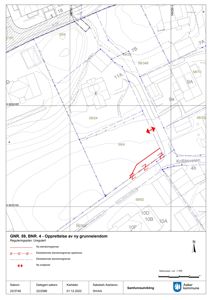 Situasjonsplan som viser eiendomsgranser, eiendomsnummer og en planlagt ny vei (Krillåsveien) i et område i Asker kommune.