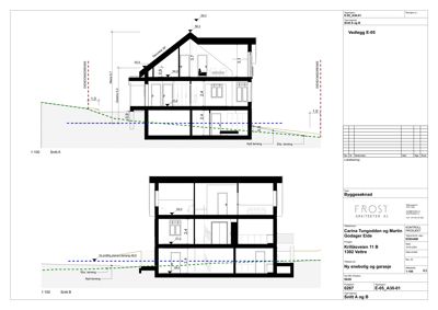 Tegning som viser tverrsnitt (snitt) gjennom en bygning, med oppgitt høyder, nivåer og romfordeling.
