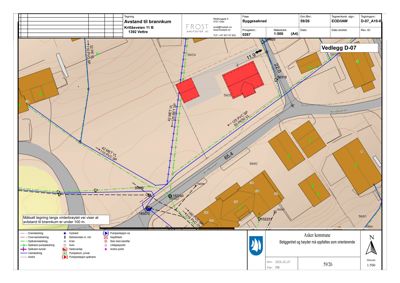 Situasjonsplan som viser tomt, bygninger (røde og brune felter), veier, grenser og tekniske installasjoner med symboler.