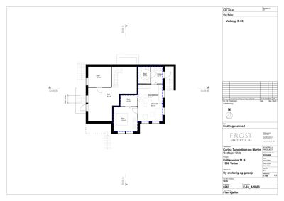 Etasjeplan for kjeller (Plan Kjøler) som viser romfordeling, arealer og snittlinjer.