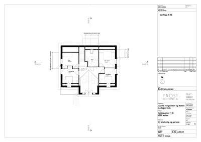 Etasjeplan (Plan 2. etasje) som viser romfordeling, vegger og dører for en bolig.
