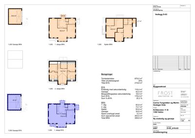 Etasjeplaner og arealberegning for en bygning (BRA, BYA, garasje, kjeller).