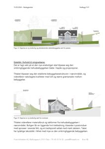 Fotografi av en tegning som viser oppriss av en ny enebolig sett fra sørøst og nordvest, inkludert tekstbeskrivelser om estetikk og forhold til omgivelsene.