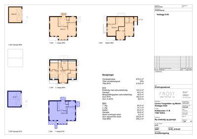 Etasjeplaner (BRA og BYA) med romfordeling, arealoppdelinger og beregninger for en ny enebolig.