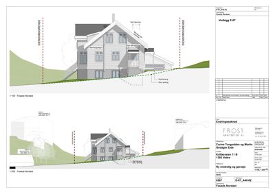 Bildet viser to fasadetegninger (Nordøst) av en planlagt bygning, inkludert snitt og terrengforhold.