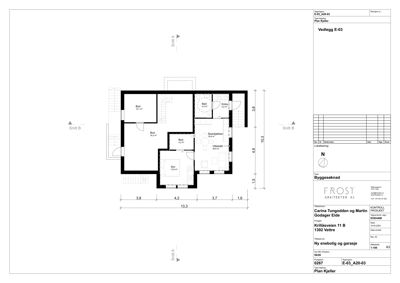 Etasjeplan (eller kjellerplan) som viser romfordeling, dimensjoner og plassering av vegg og dører.