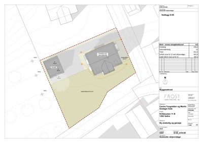 Situasjonsplan som viser tomtens grenser, plassering av nyebolig og garasje, samt arealoppdelinger og solforhold.