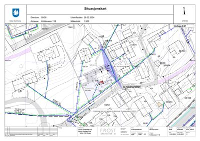 Situasjonskart som viser eiendommen Krillåsvеien 11B i forhold til nabolaget, med angitte eiendomsnummer, vegforhold og planlagt tiltak.