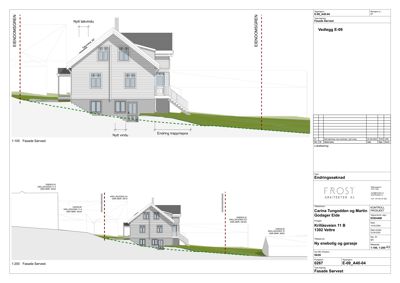 Fasadetegning som viser bygningens utseende fra vest (Sørvest), inkludert detaljer om vinduer, tak, trapp og endringer i fasaden.
