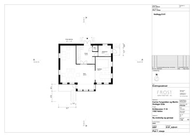 Etasjeplan (1. etasje) som viser romfordeling, dimensjoner og snittlinjer for en nyebolig.
