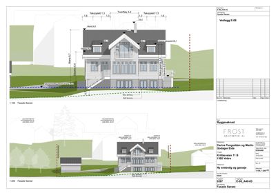 Fasadetegning (opprikk) av en planlagt bygning sett fra øst, med mål og detaljer.