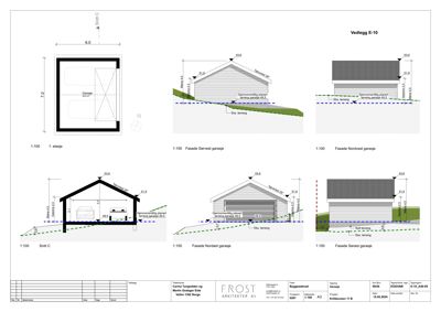 Dette dokumentet viser en samling tegninger for en garasje, inkludert fasadeopprikk (fra flere vinkler), etasjeplan og snittegning.