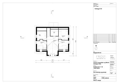 Etasjeplan (Plan 2. etasje) som viser romfordeling, dimensjoner og snittlinjer for en ny enebolig.